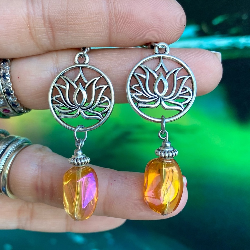 Lotus flower dangly earrings & genuine iridescent orange aura crystals
